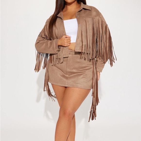 Jackets & Blazers - Fringe Tan Jacket & Skirt for Women